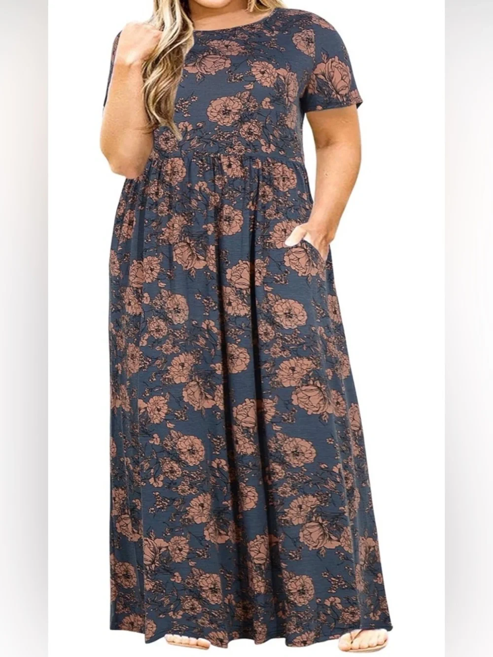 Plus Size Navy Floral Short Sleeve Maxi Dress with Pockets - Picture 1 of 6